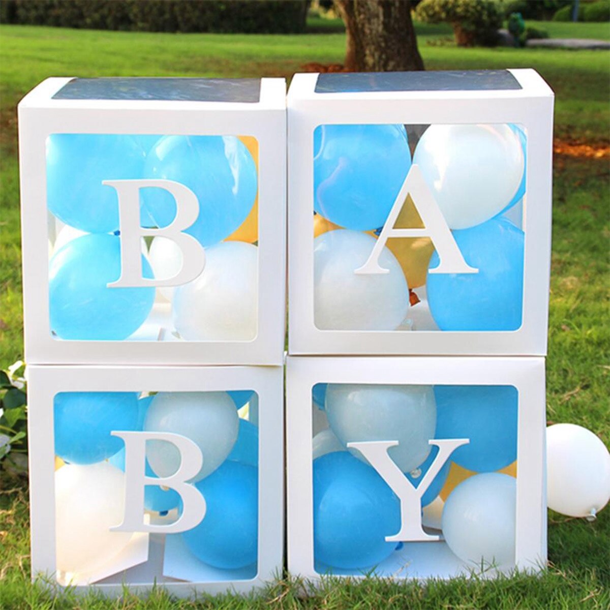 Partydekoration Ballonbox, Weiße Transparente Quadratische Ballonboxen mit Buchstaben für Jungen und Mädchen - Geburtstage - Partydekoration