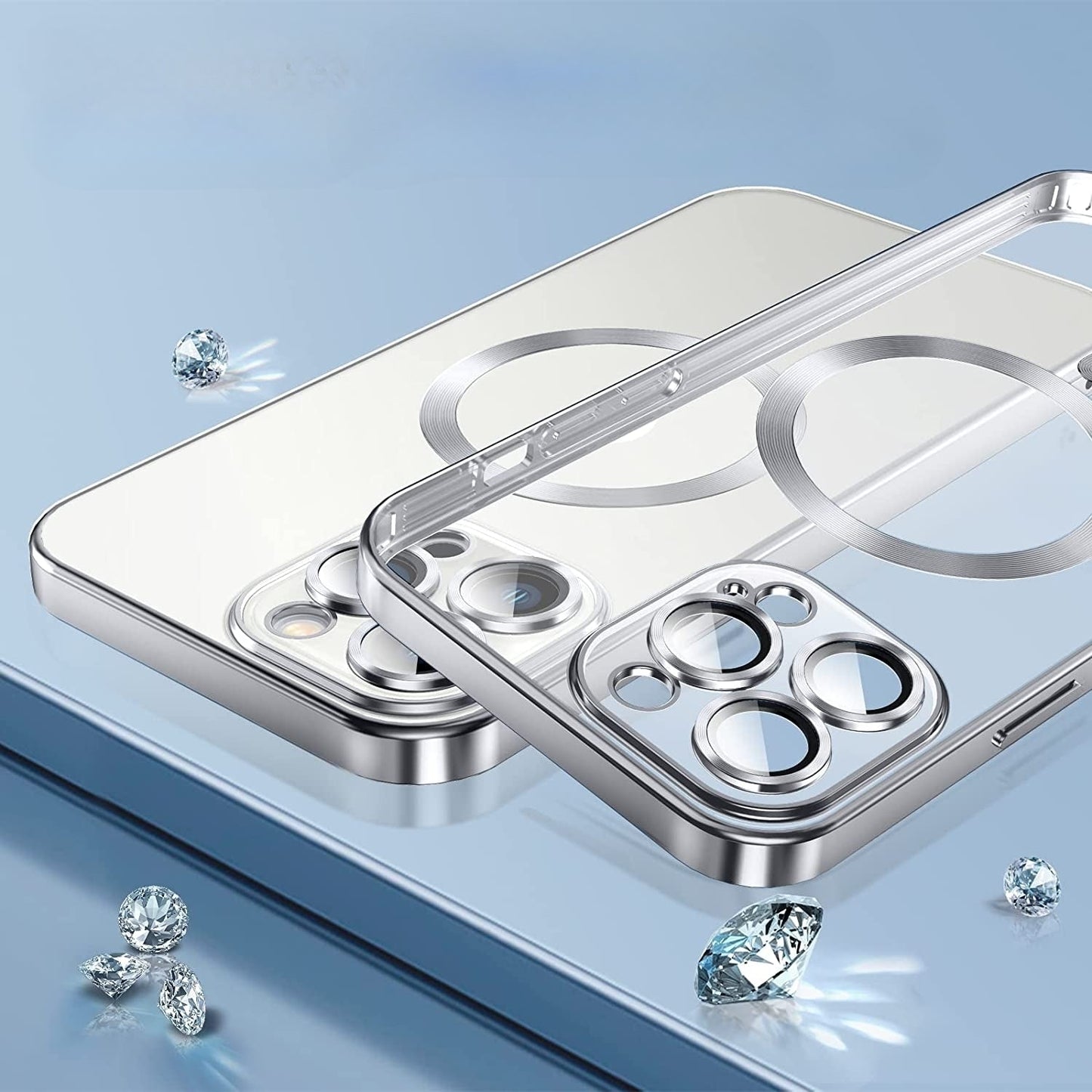 Clear magnetische Hülle für iPhone 13 Pro Max | Edelstahlrahmen Metall Optik Hülle Silver | Hülle mit MagSafe | Kameraschutz Eingebaut | Durchsichtig Silikon Case Ultra Dünn | Niemals Gelb | Handyhülle Anti Fingerabdruck Schutzhülle |