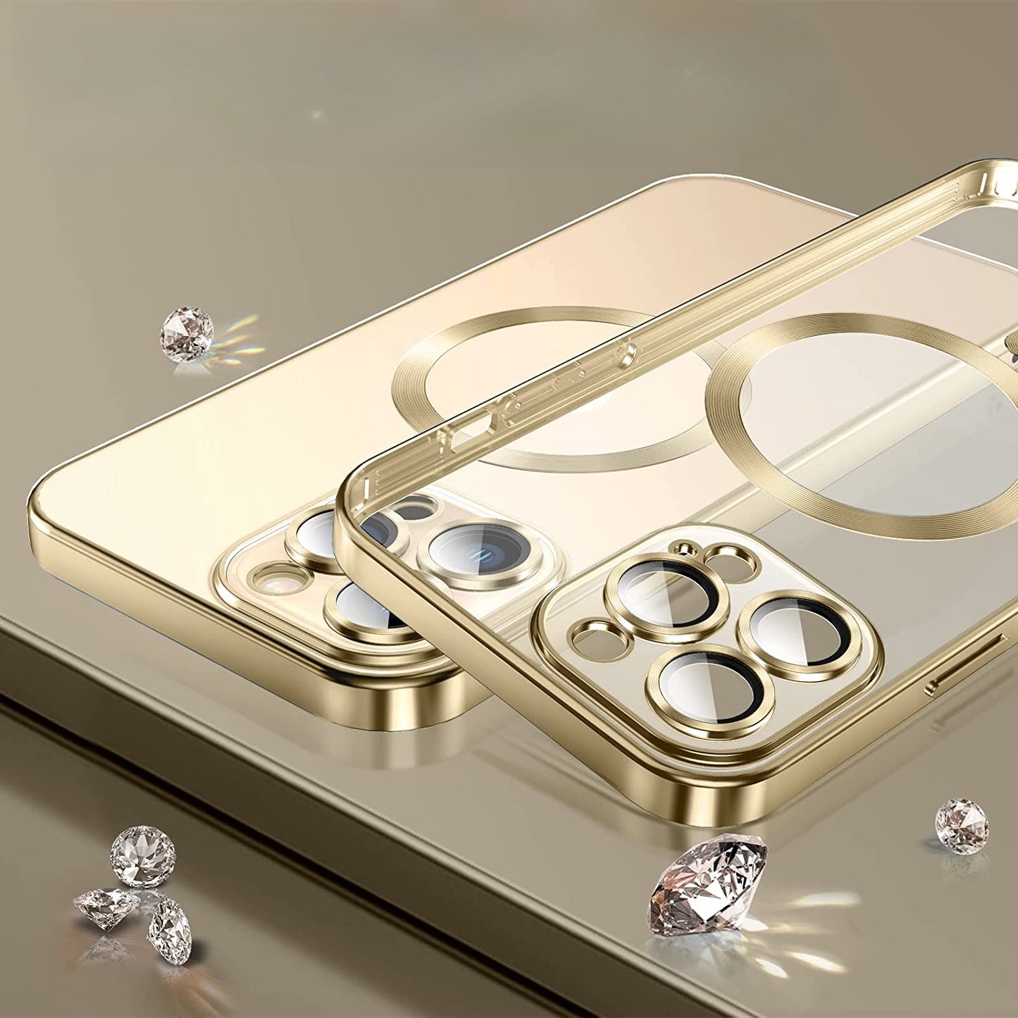 Clear magnetische Hülle für iPhone 13 Pro | Edelstahlrahmen Metall Optik Hülle Gold | Hülle mit MagSafe | Kameraschutz Eingebaut | Durchsichtig Silikon Case Ultra Dünn | Niemals Gelb | Handyhülle Anti Fingerabdruck Schutzhülle |