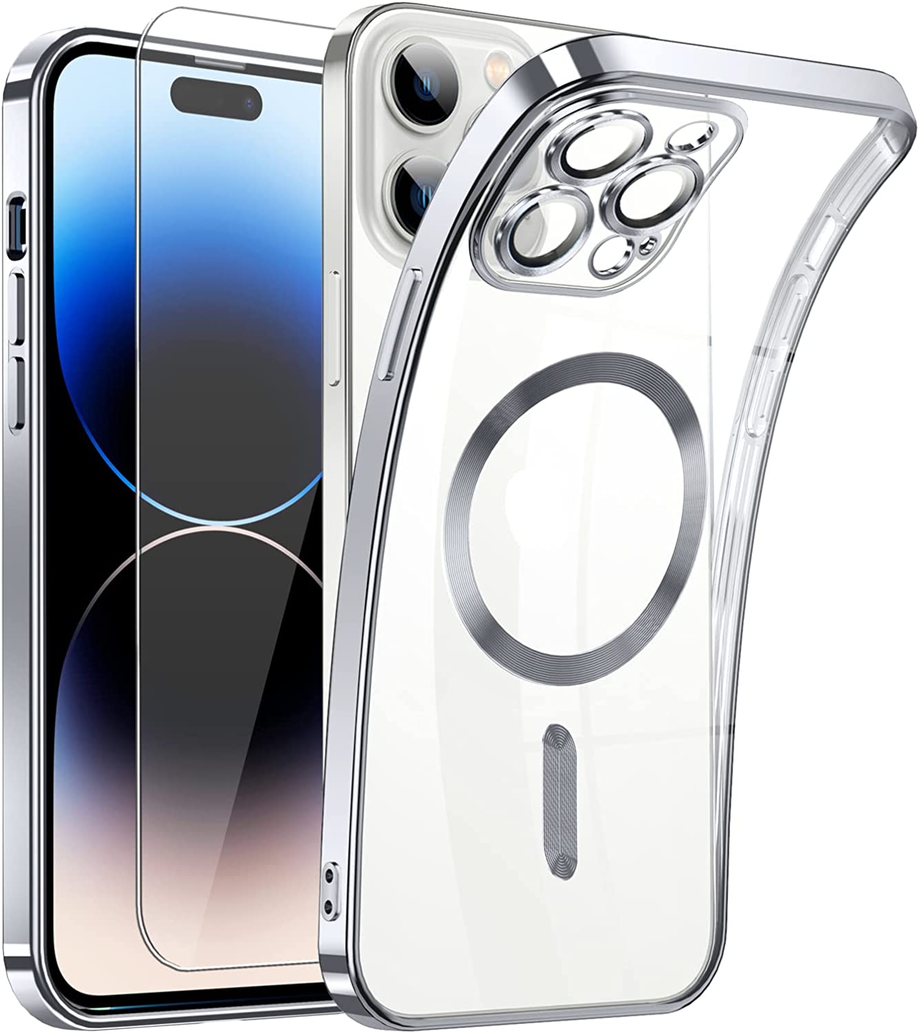 Clear magnetische Hülle für iPhone 13 Pro | Edelstahlrahmen Metall Optik Hülle Silver | Hülle mit MagSafe | Kameraschutz Eingebaut | Durchsichtig Silikon Case Ultra Dünn | Niemals Gelb | Handyhülle Anti Fingerabdruck Schutzhülle |